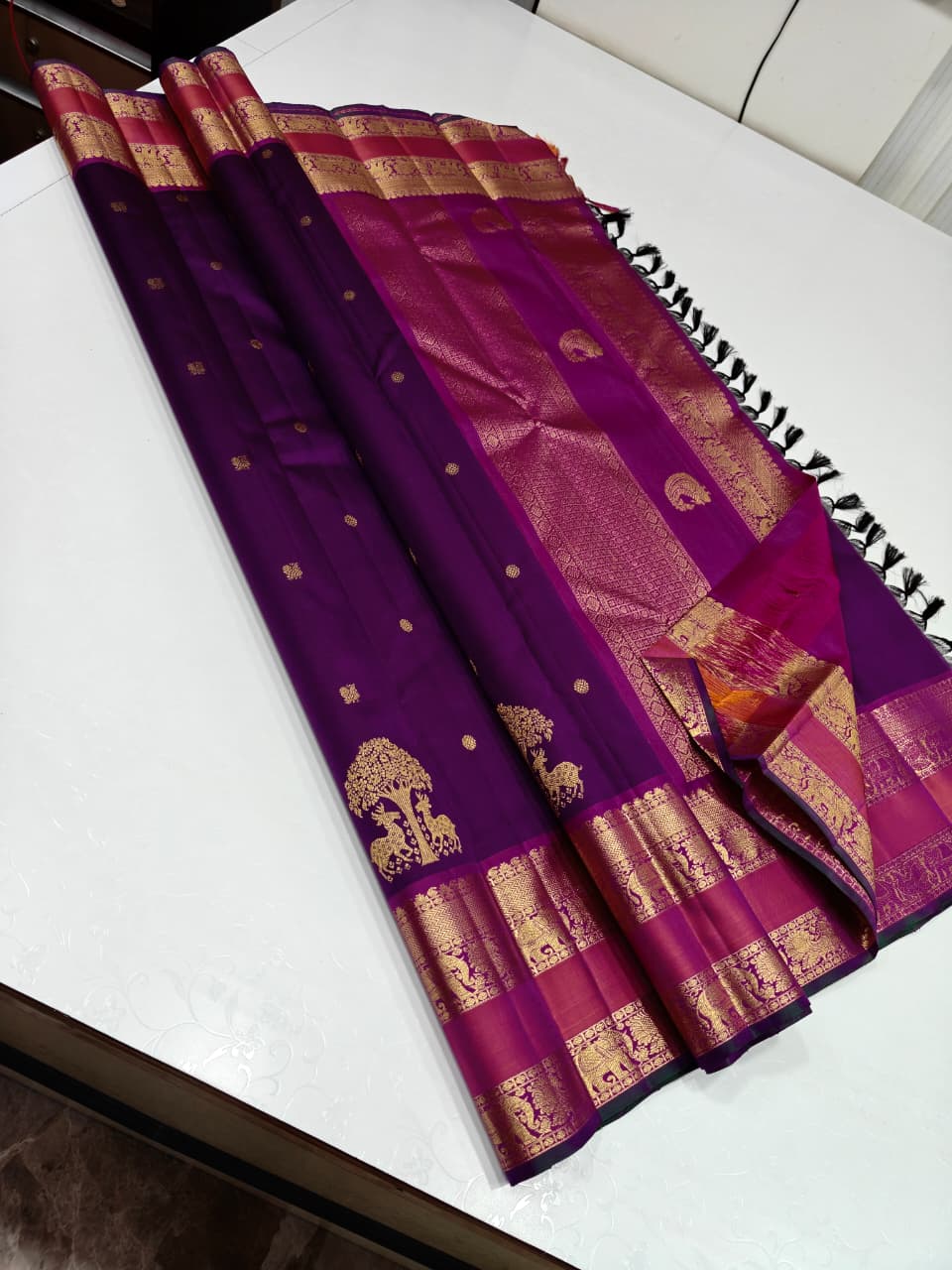 Magenta Pink and Wine Maroon Kancheepuram Silk Saree